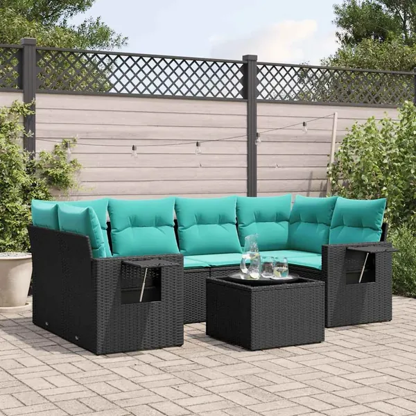 Ensemble de canapé de jardin 7 pcs avec coussins noir résine tressée