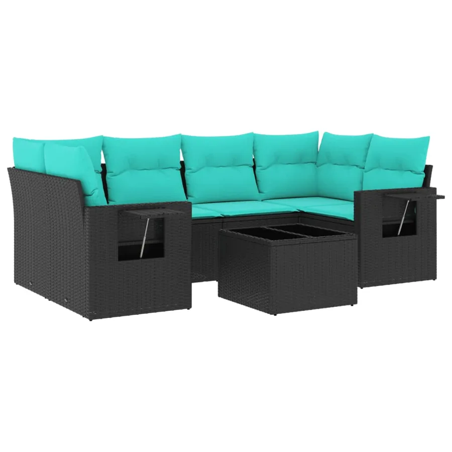 Ensemble de canapé de jardin 7 pcs avec coussins noir résine tressée - 2