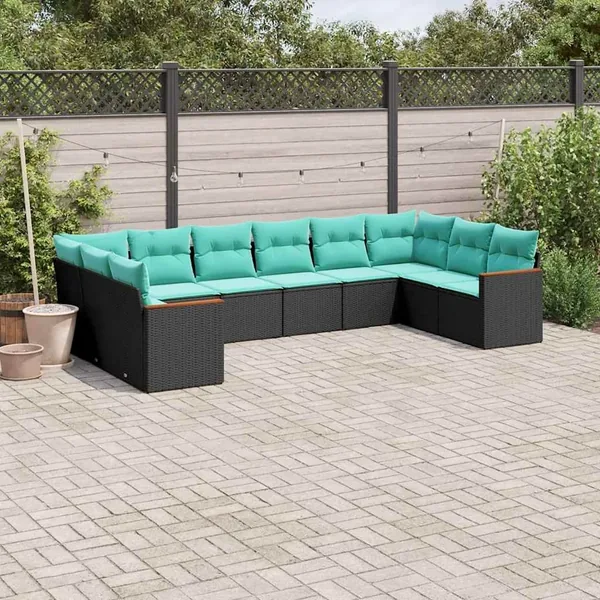 Salon de jardin 10 pcs avec coussins noir résine tressée