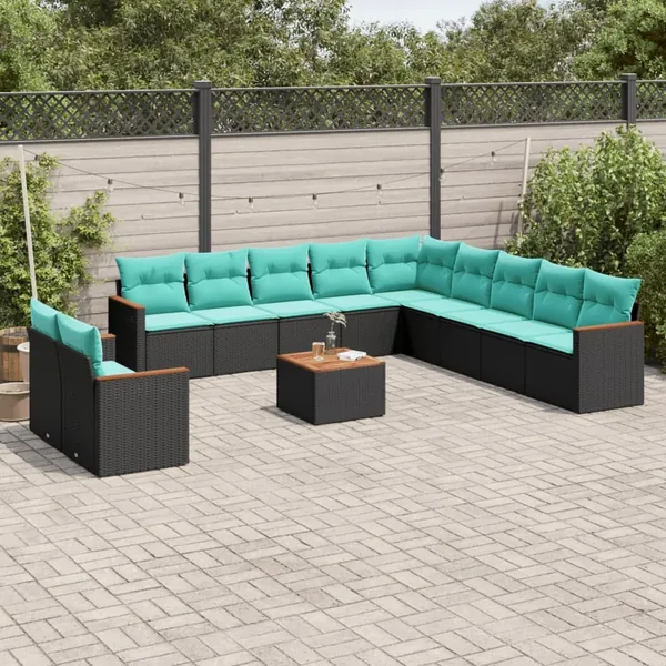 Ensemble de canapé de jardin 12 pcs avec coussins noir résine tressée