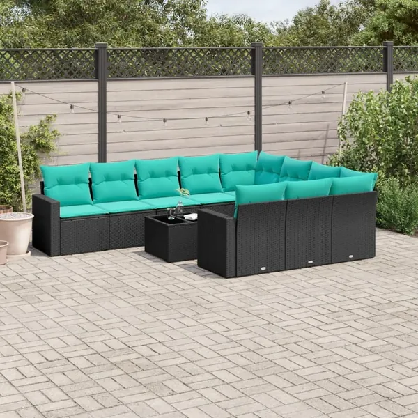 Salon de jardin 11 pcs avec coussins noir résine tressée