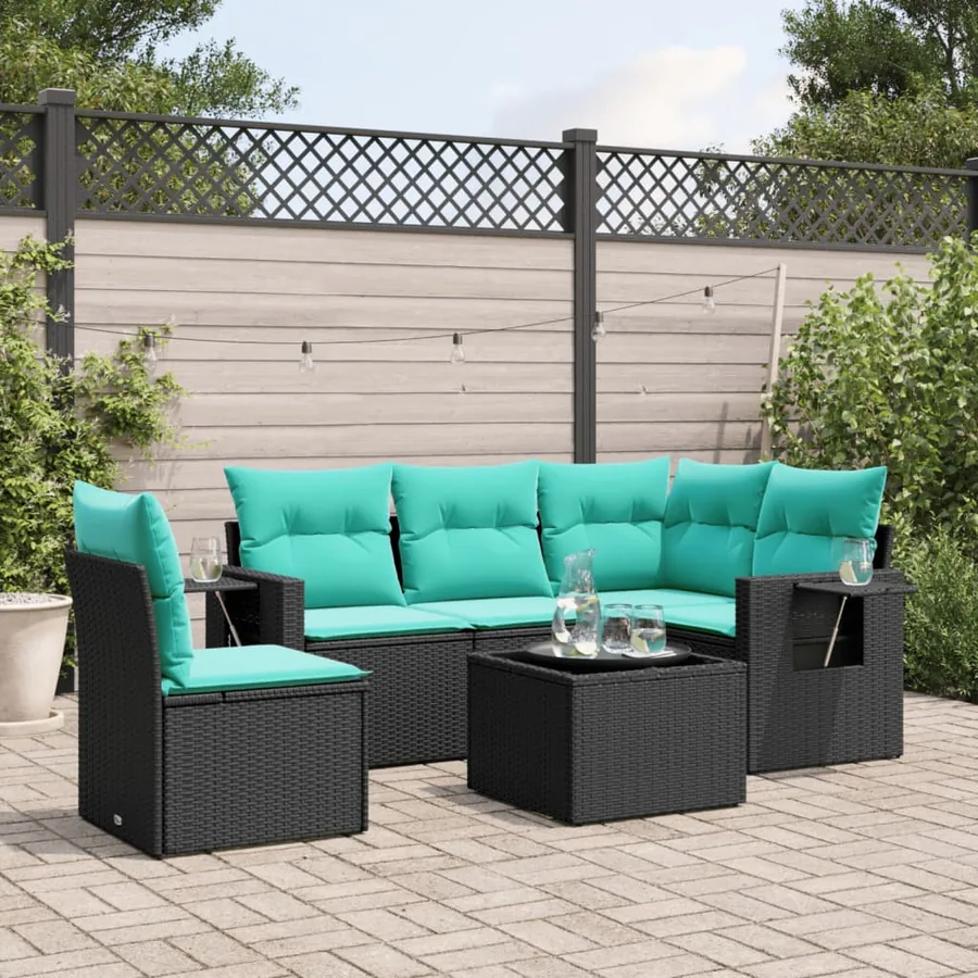 Ensemble de canapé de jardin 6 pcs avec coussins noir résine tressée