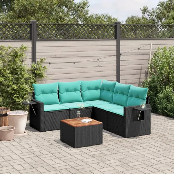 Ensemble de canapé de jardin 6 pcs avec coussins noir résine tressée