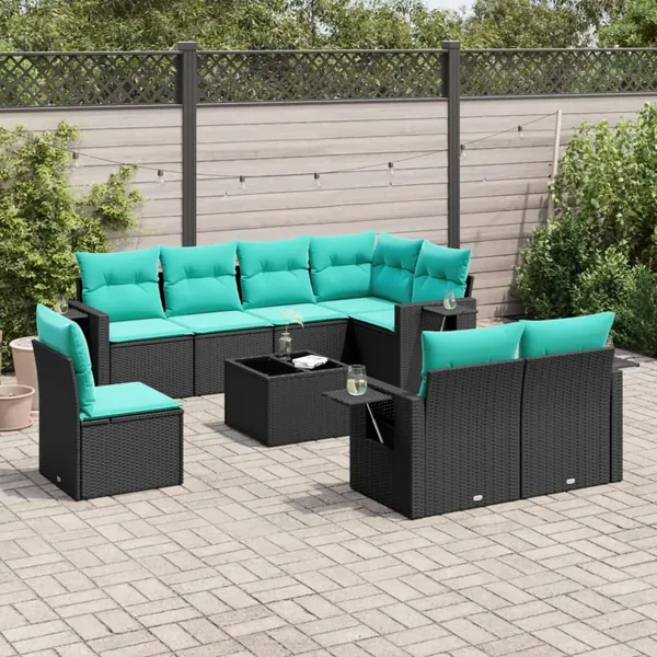 Ensemble de canapé de jardin 9 pcs avec coussins noir résine tressée