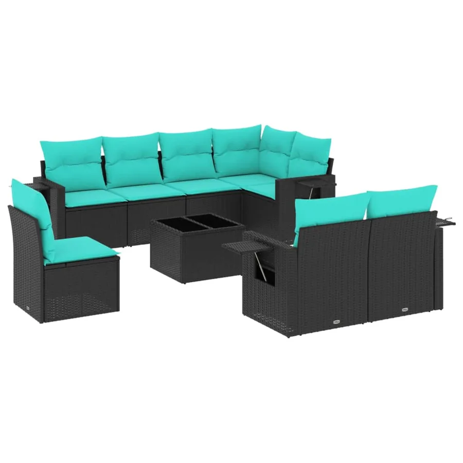 Ensemble de canapé de jardin 9 pcs avec coussins noir résine tressée - 2