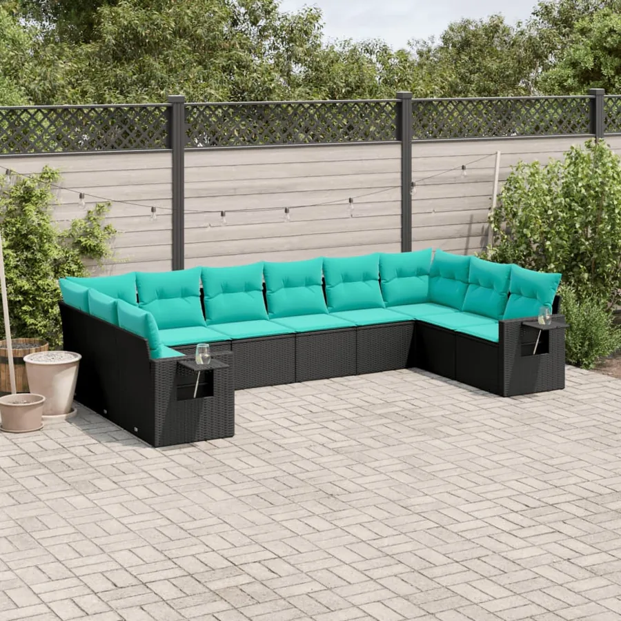Salon de jardin 10 pcs avec coussins noir résine tressée