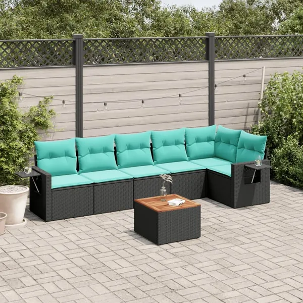 Ensemble de canapé de jardin 7 pcs avec coussins noir résine tressée