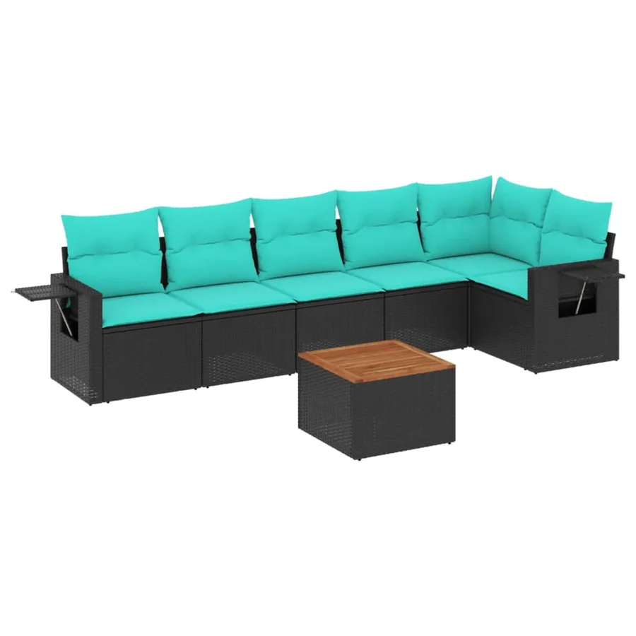 Ensemble de canapé de jardin 7 pcs avec coussins noir résine tressée - 2