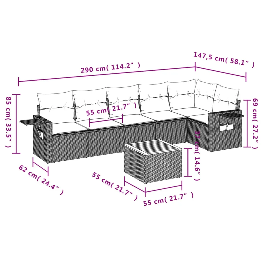 Ensemble de canapé de jardin 7 pcs avec coussins noir résine tressée - 9