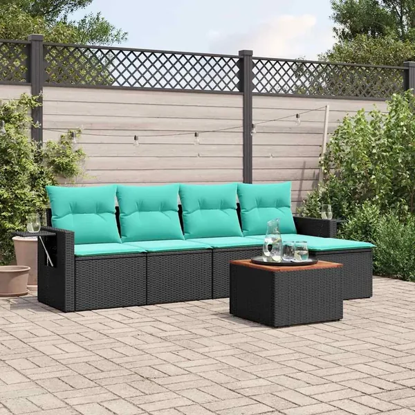 Ensemble de canapé de jardin 6 pcs avec coussins noir résine tressée