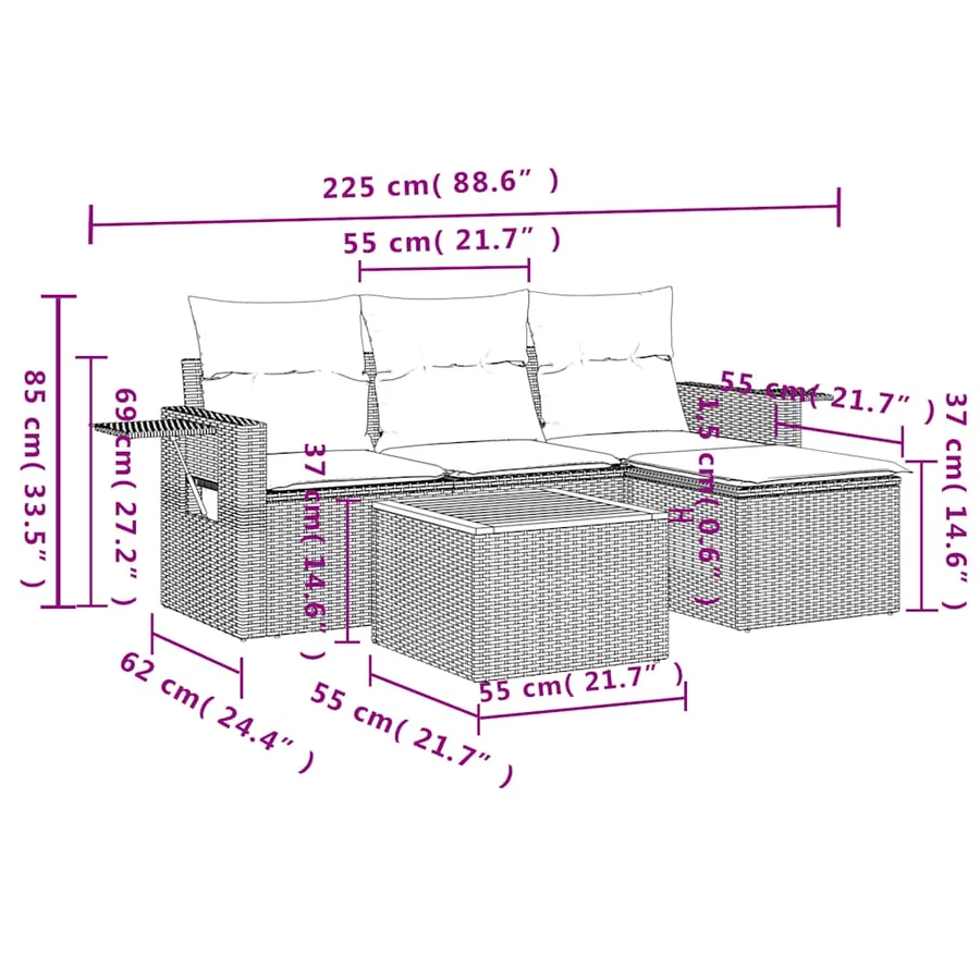 Ensemble de canapé de jardin 5 pcs avec coussins noir résine tressée - 9