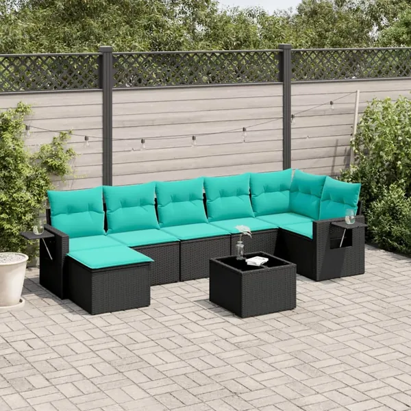 Ensemble de canapé de jardin 8 pcs avec coussins noir résine tressée