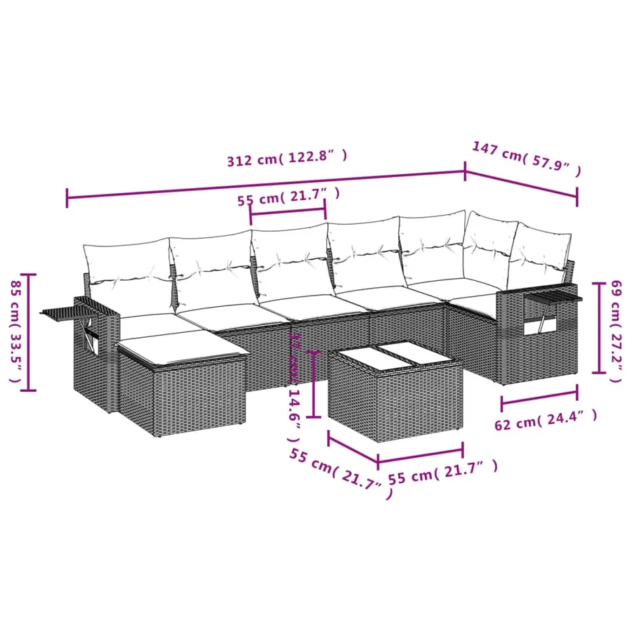 Ensemble de canapé de jardin 8 pcs avec coussins noir résine tressée - 10