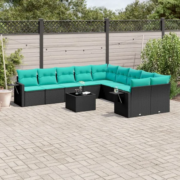 Ensemble de canapé de jardin 11 pcs avec coussins noir résine tressée