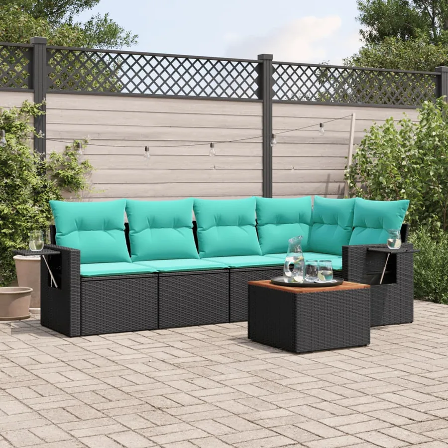 Ensemble de canapé de jardin 6 pcs avec coussins noir résine tressée