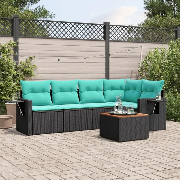 Ensemble de canapé de jardin 6 pcs avec coussins noir résine tressée