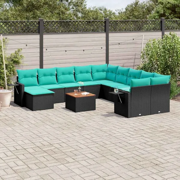 Ensemble de canapé de jardin 12 pcs avec coussins noir résine tressée