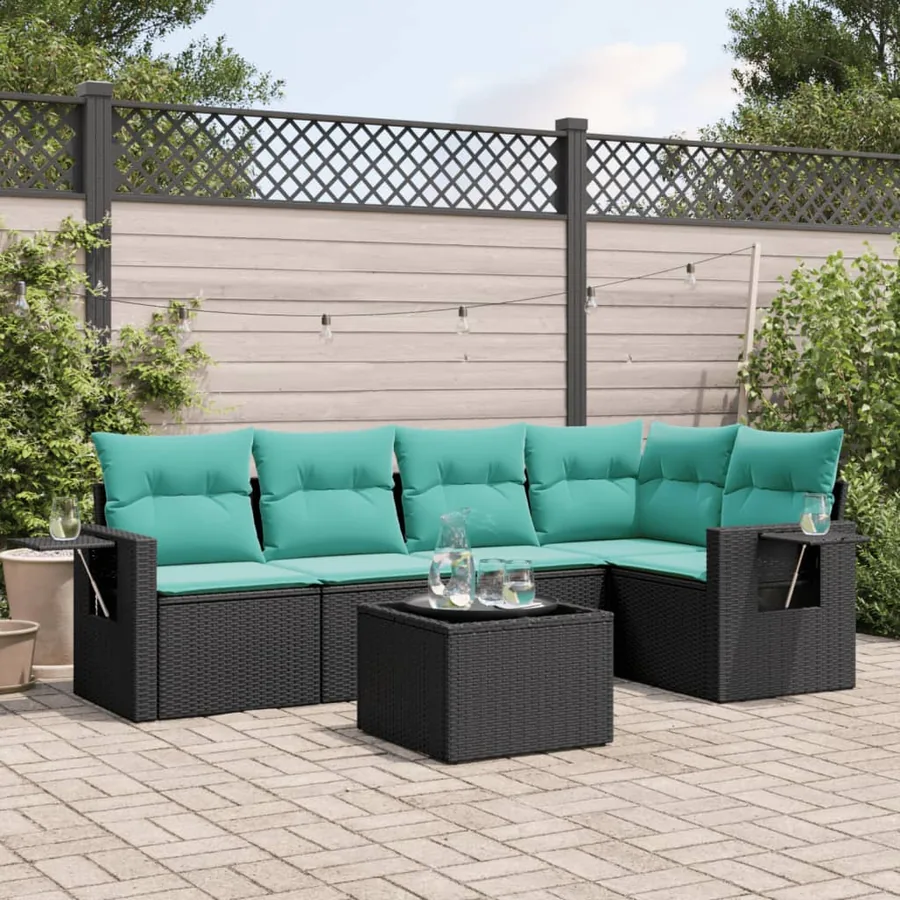 Ensemble de canapé de jardin 6 pcs avec coussins noir résine tressée
