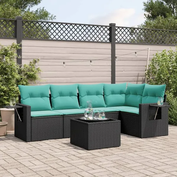 Ensemble de canapé de jardin 6 pcs avec coussins noir résine tressée