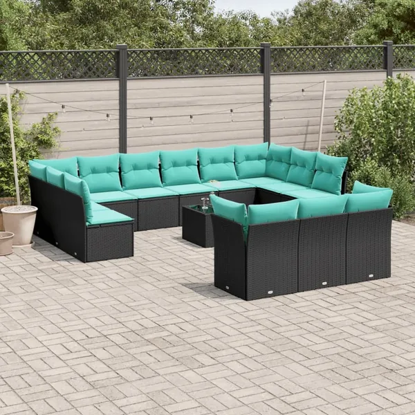 Ensemble de canapé de jardin 14 pcs avec coussins noir résine tressée