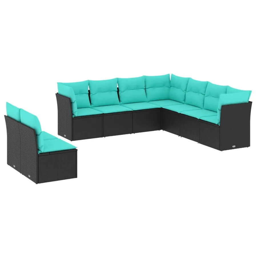 Salon de jardin 9 pcs avec coussins noir résine tressée - 2