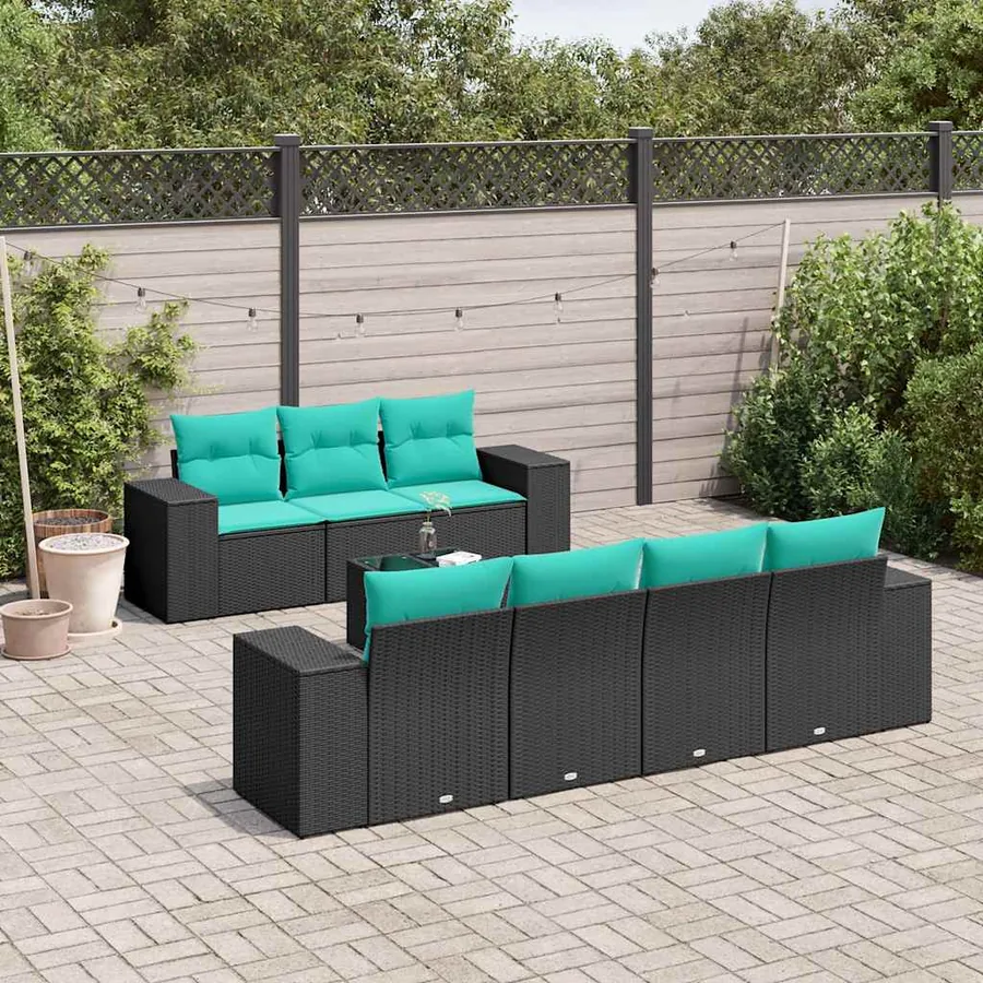 Ensemble de canapé de jardin 8 pcs avec coussins noir résine tressée