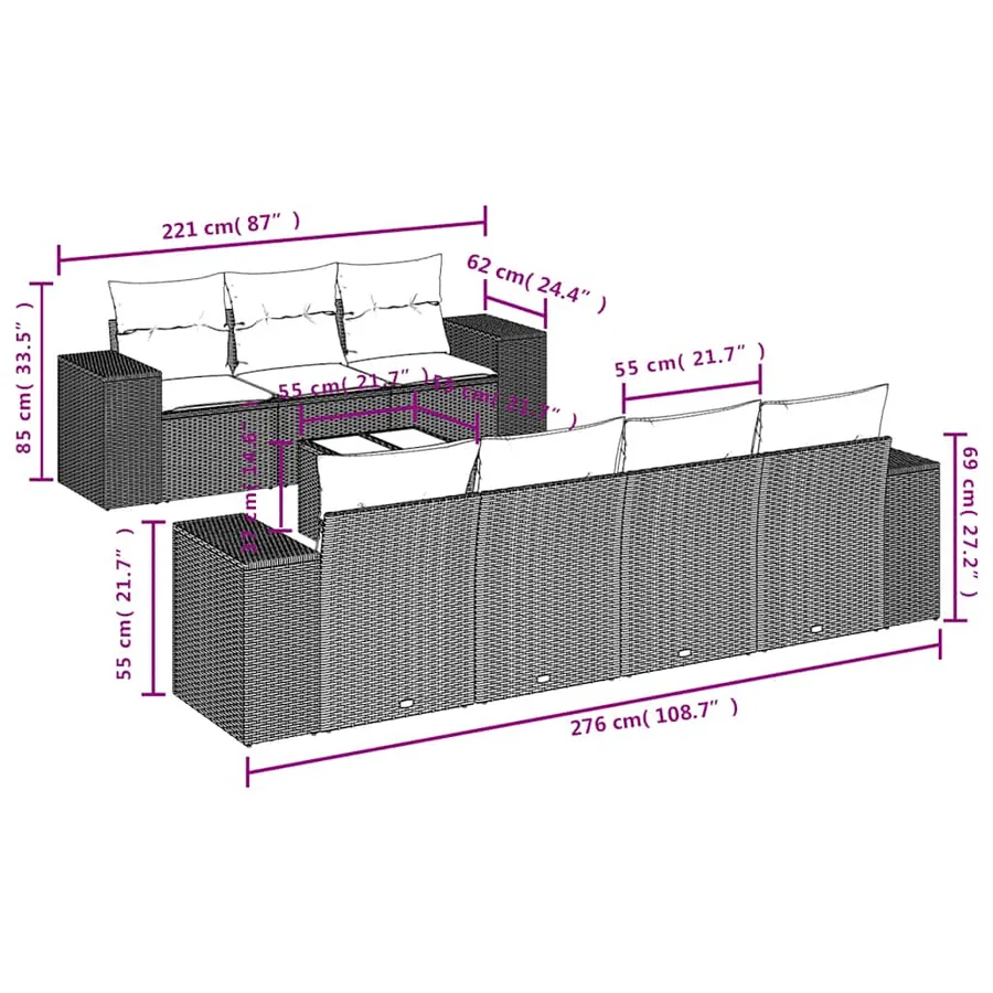 Ensemble de canapé de jardin 8 pcs avec coussins noir résine tressée - 7