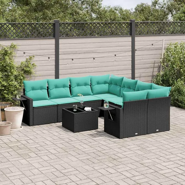 Ensemble de canapé de jardin 9 pcs avec coussins noir résine tressée