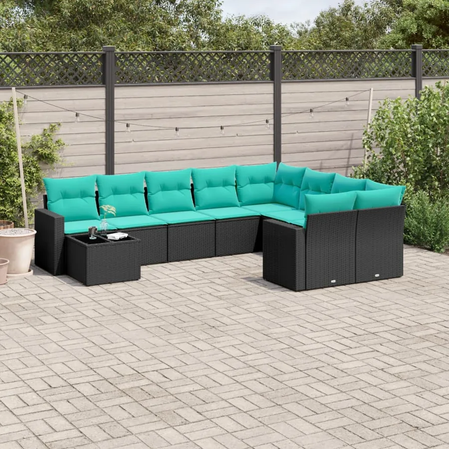 Salon de jardin 10 pcs avec coussins noir résine tressée