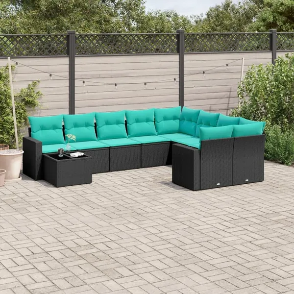 Salon de jardin 10 pcs avec coussins noir résine tressée