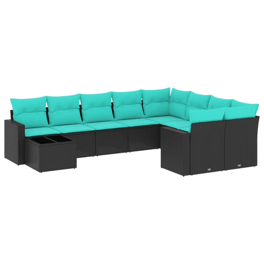 Salon de jardin 10 pcs avec coussins noir résine tressée - 2