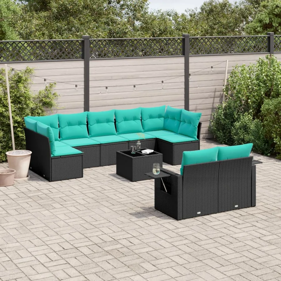 Ensemble de canapé de jardin 10 pcs avec coussins noir résine tressée