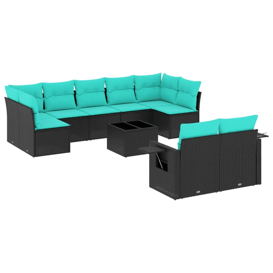 Ensemble de canapé de jardin 10 pcs avec coussins noir résine tressée - 2