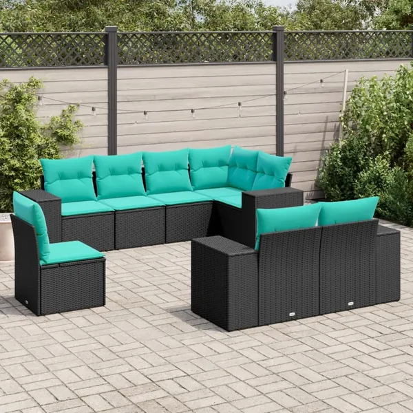 Salon de jardin 8 pcs avec coussins noir résine tressée