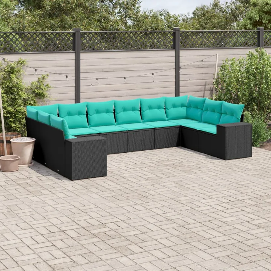 Salon de jardin 10 pcs avec coussins noir résine tressée