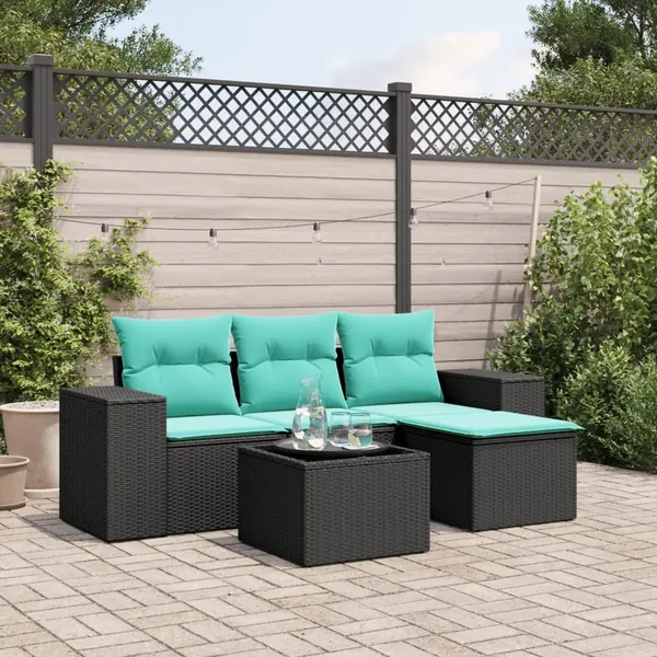 Ensemble de canapé de jardin 5 pcs avec coussins noir résine tressée