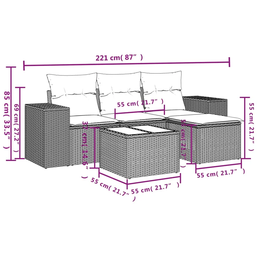 Ensemble de canapé de jardin 5 pcs avec coussins noir résine tressée - 9