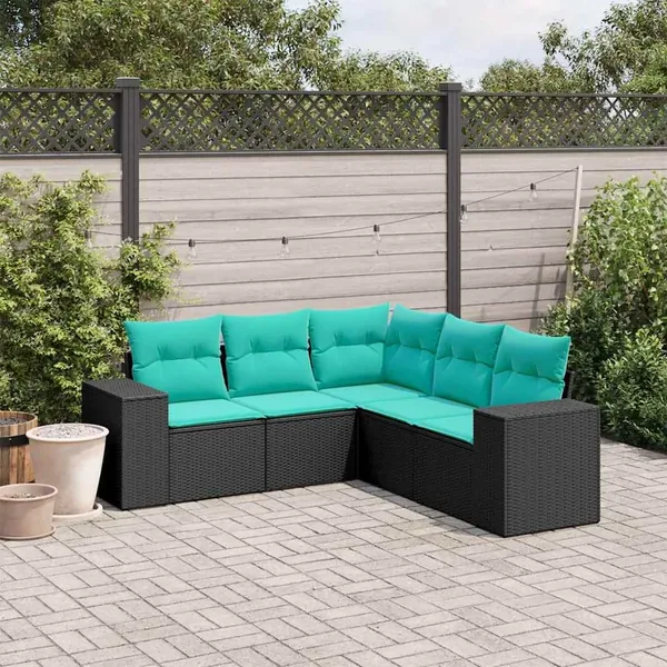 Salon de jardin 5 pcs avec coussins noir résine tressée