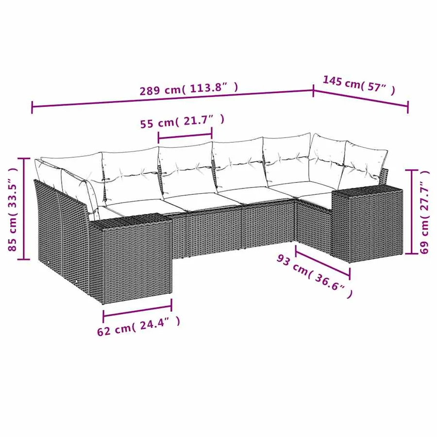 Salon de jardin 7 pcs avec coussins noir résine tressée 62 x 62 x 69 cm - 61,4 kg - 6