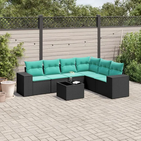 Ensemble de canapé de jardin 7 pcs avec coussins noir résine tressée