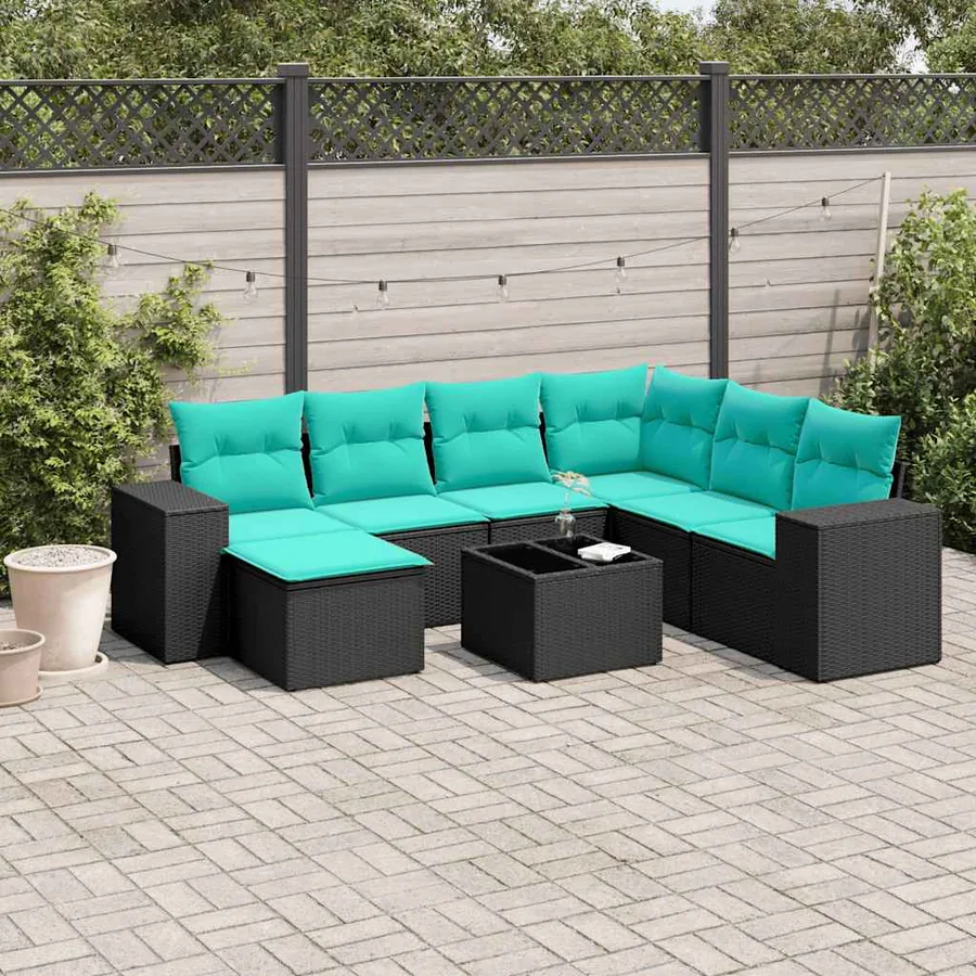 Ensemble de canapé de jardin 8 pcs avec coussins noir résine tressée