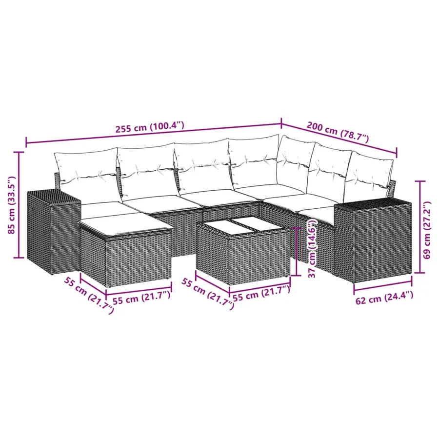 Ensemble de canapé de jardin 8 pcs avec coussins noir résine tressée - 9
