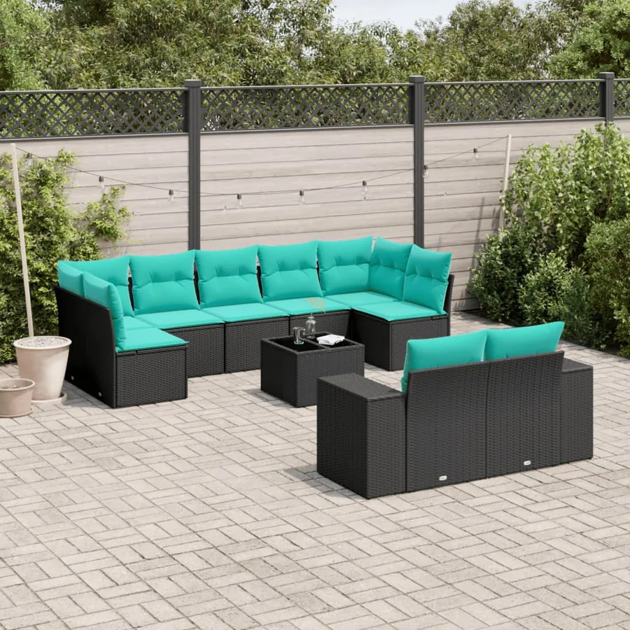 Ensemble de canapé de jardin 10 pcs avec coussins noir résine tressée