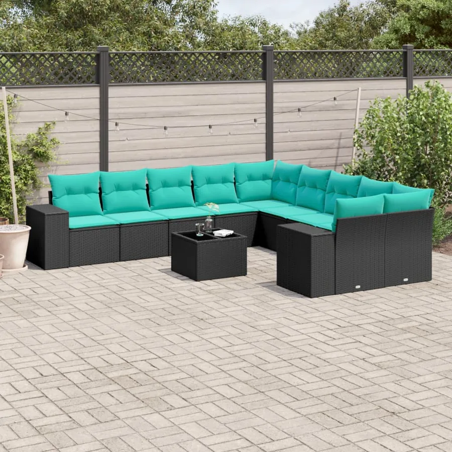 Ensemble de canapé de jardin 11 pcs avec coussins noir résine tressée