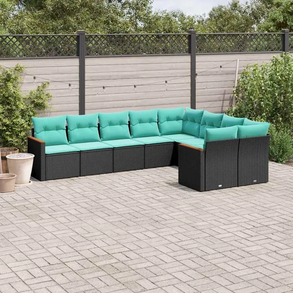 Salon de jardin 9 pcs avec coussins noir résine tressée