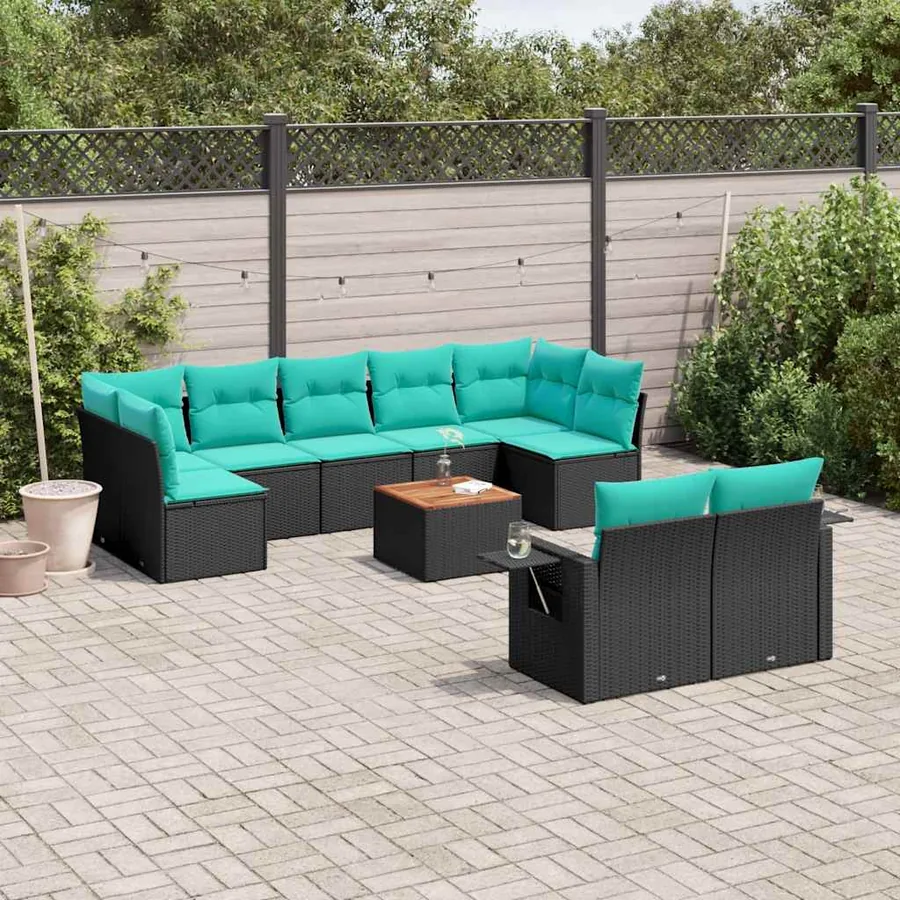 Ensemble de canapé de jardin 10 pcs avec coussins noir résine tressée