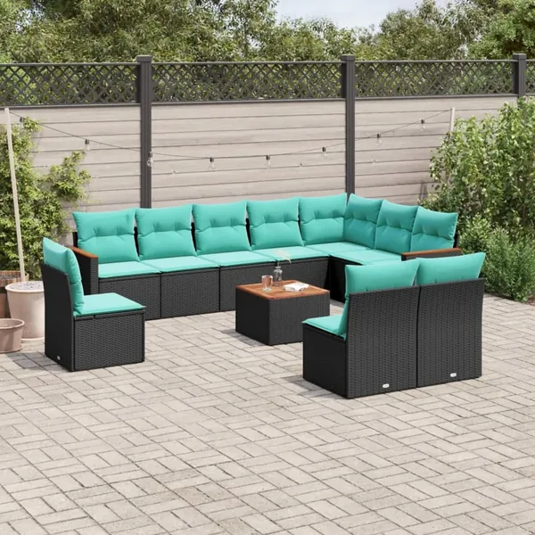 Ensemble de canapé de jardin 11 pcs avec coussins noir résine tressée