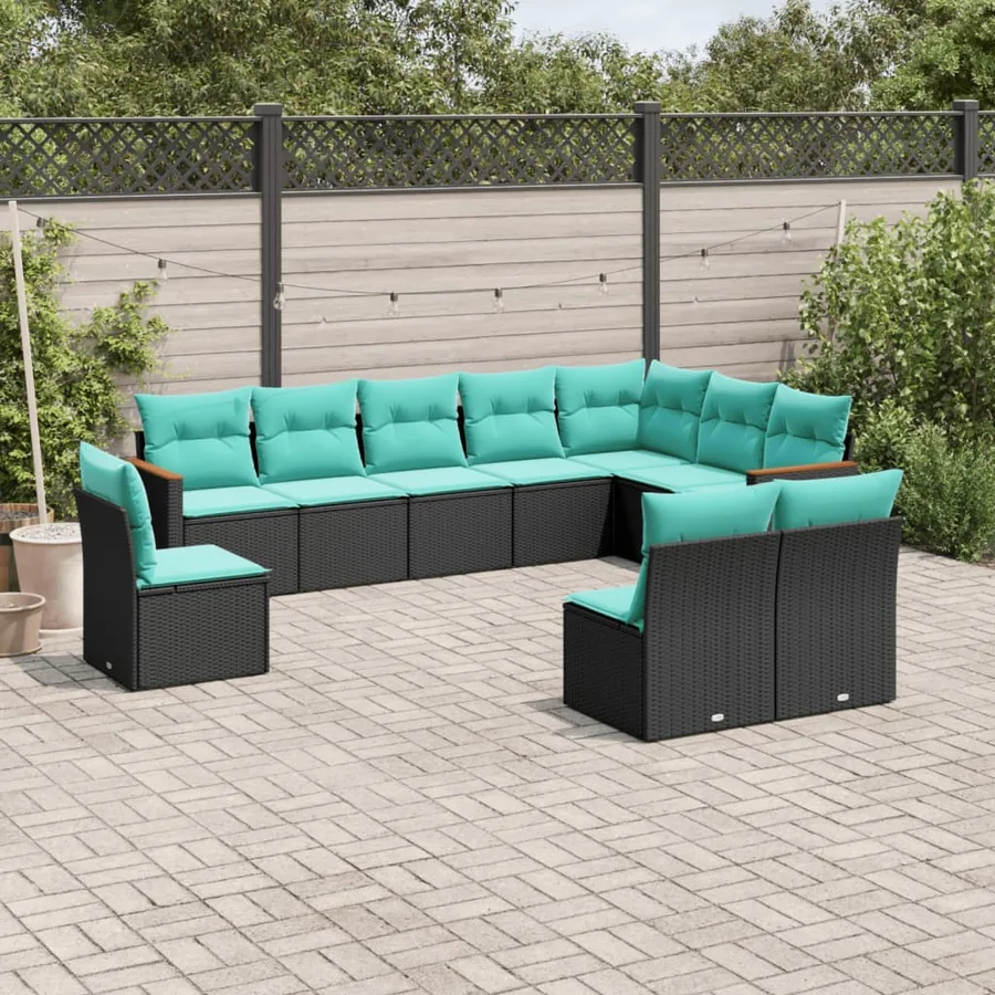 Salon de jardin 10 pcs avec coussins noir résine tressée