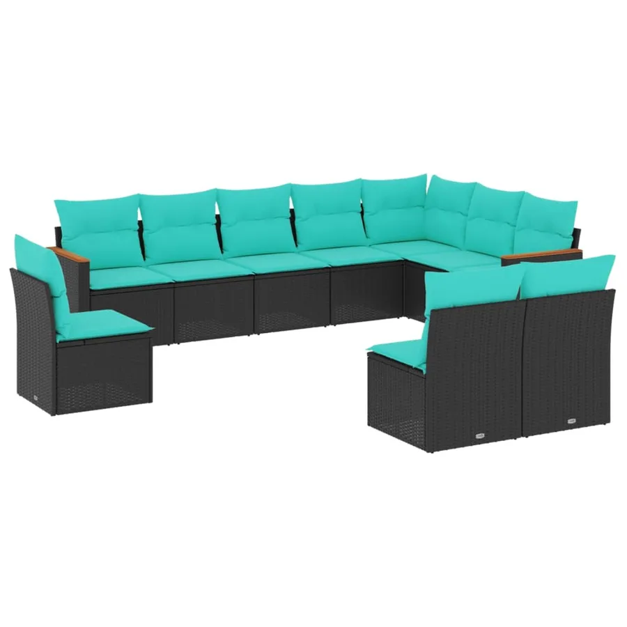 Salon de jardin 10 pcs avec coussins noir résine tressée - 2