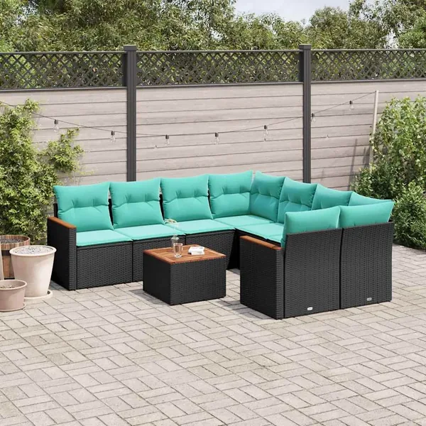 Ensemble de canapé de jardin 9 pcs avec coussins noir résine tressée